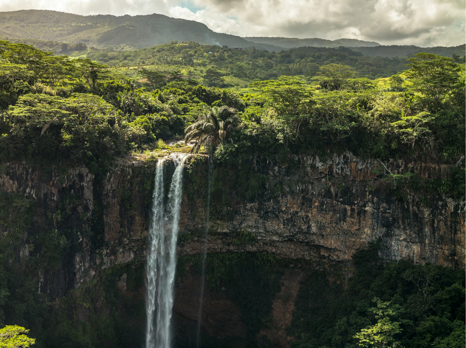 A stunning view of a waterfall over rocks, appearing out of a lush forest in the background.